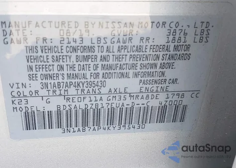 2019 Nissan Sentra Sv из США, поврежденный, VIN 3N1AB7AP4KY395430